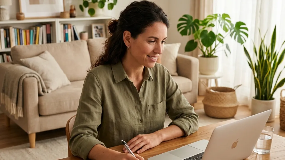 Mulher estudando espanhol online pelo notebook em casa em Curitiba, PR