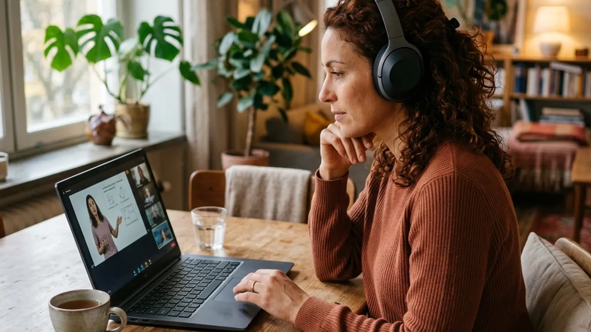 Aluna participando de curso de espanhol online em ambiente residencial