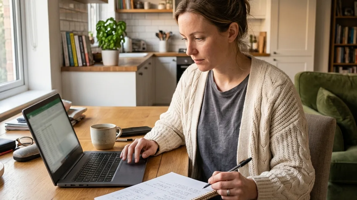 Mulher estudando espanhol pelo notebook em apartamento residencial