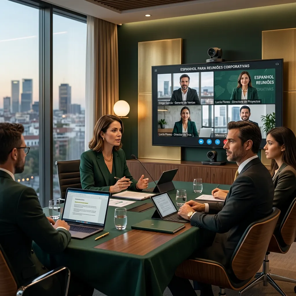 Profissionais em reunião corporativa discutindo pautas em espanhol