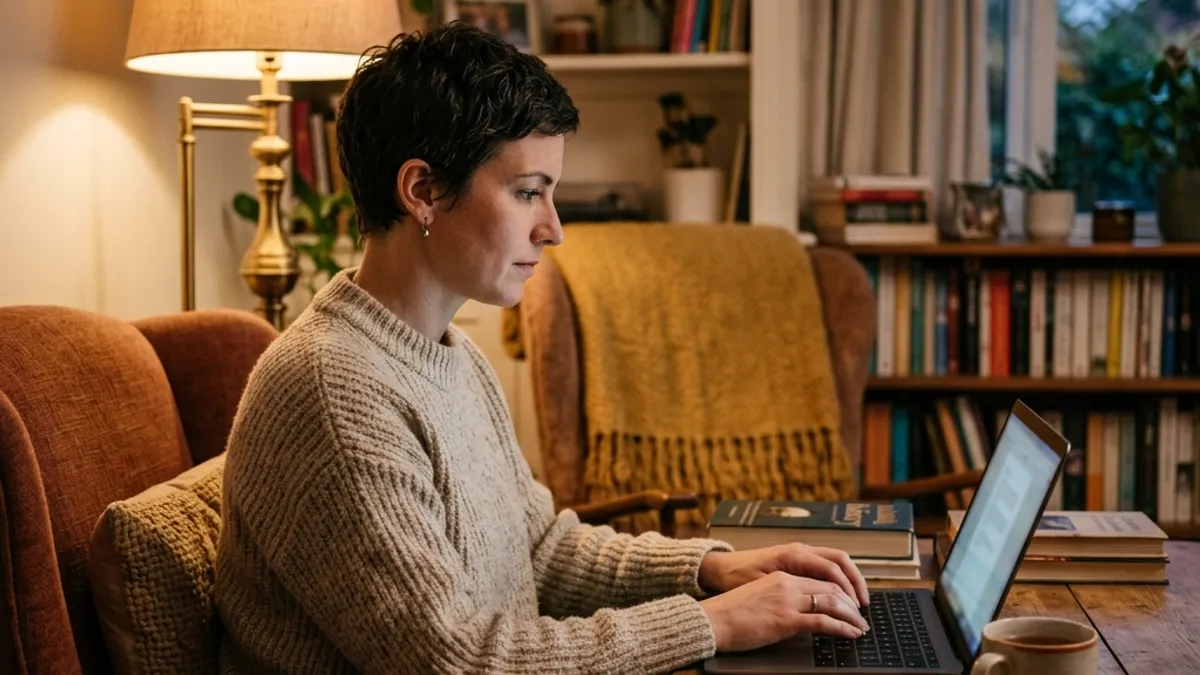 Aluna estudando espanhol online em sala residencial aconchegante